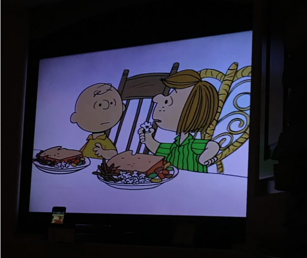 Kaitlyn’s family celebrates Thanksgiving by watching the Charlie Brown Thanksgiving special.
